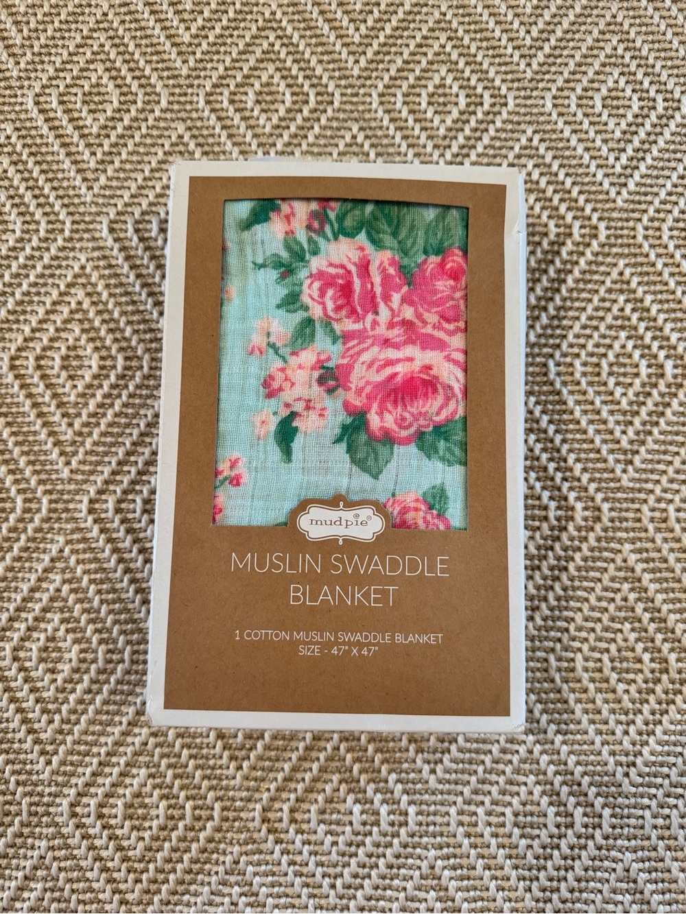 Mud Pie Floral Muslin Swaddle Blanket - Pink & Green on Aqua